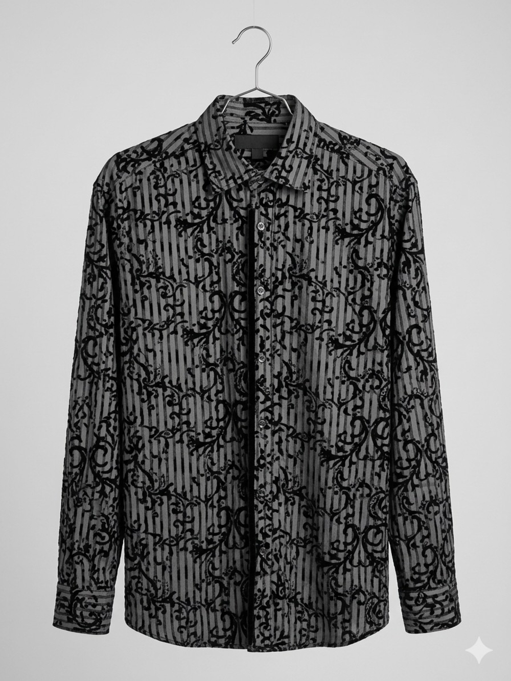 Men's Black Patterned Long-Sleeve Button-Down Shirt